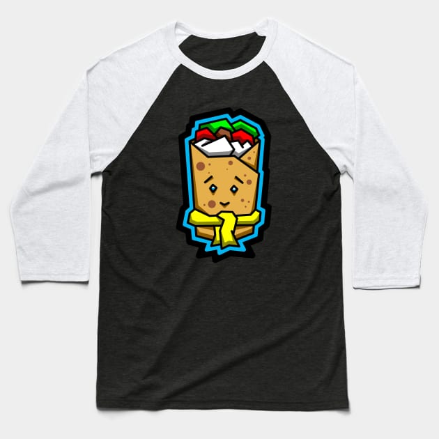 Cute Frozen Burrito in a Yellow Scarf - Mexican Food Lover Gift - Burrito Baseball T-Shirt by Bleeding Red Paint